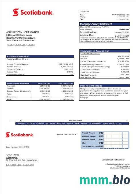 Saint Vincent i Grenadyny Scotiabank wyciąg z kredytu hipotecznego w formatach Word i PDF